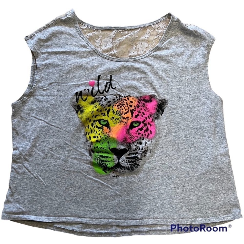 GRAY muscle tank top with colorful neon Leopard, XXL, “wild”spell out with heart